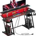 53-inch Gaming Desk with LED Lights & Power Outlets|Carbon Fiber Gaming Table with Monitor Stand & Adjustable Storage Shelves|RGB Ergonomic Gamer Desk for PC Setup, Esports & Streaming, Black