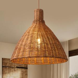Wabi Sabi Rattan Pendant Light, 16" Cone Farmhouse Wicker Hanging Lamp, Brown Bohemian Hanging Light for Kitchen Island, Dining Room, Bar, Foyer, Bedroom, Living Room