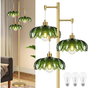 Gold Floor Lamps for Living Room Vintage Floor Lamp with Glass Lmapshape & Three Led Bulb,Green Floor Lamp Brass Mid Century Modern Standing Lamp Tall Tree Flower Floor Lamps for Bedroom,Office,Corner (7.5inch)