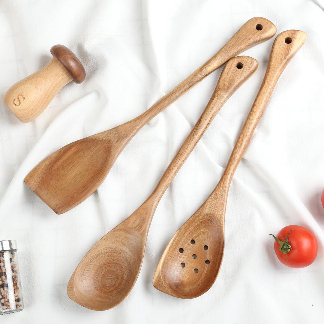 Slant-tailed Wooden Kitchen Utensil, Set of 3, Large Wooden Cooking Spoon 17INCH Long Handle, Corner Spoon + Slotted Spoon + Spatula, Big Wood Scoop Giant Utensils for Heavy Stewing Food Service