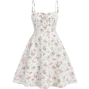 RoseSeek Girl's Floral Print Summer Dress Bowknot Ruched Bust A Line Cami Dress High Waist Ruffle Hem Cute Sun Dresses 12Y