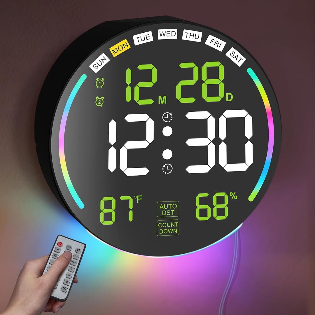 Large Digital Wall Clock with 10.3" LED Display,Alarm,Countdown Timer,DST,Temperature,Humidity,Auto-Dimming,Remote Control,Night Light for Classroom,Bedroom,Living Room,Office,Gym (Green)
