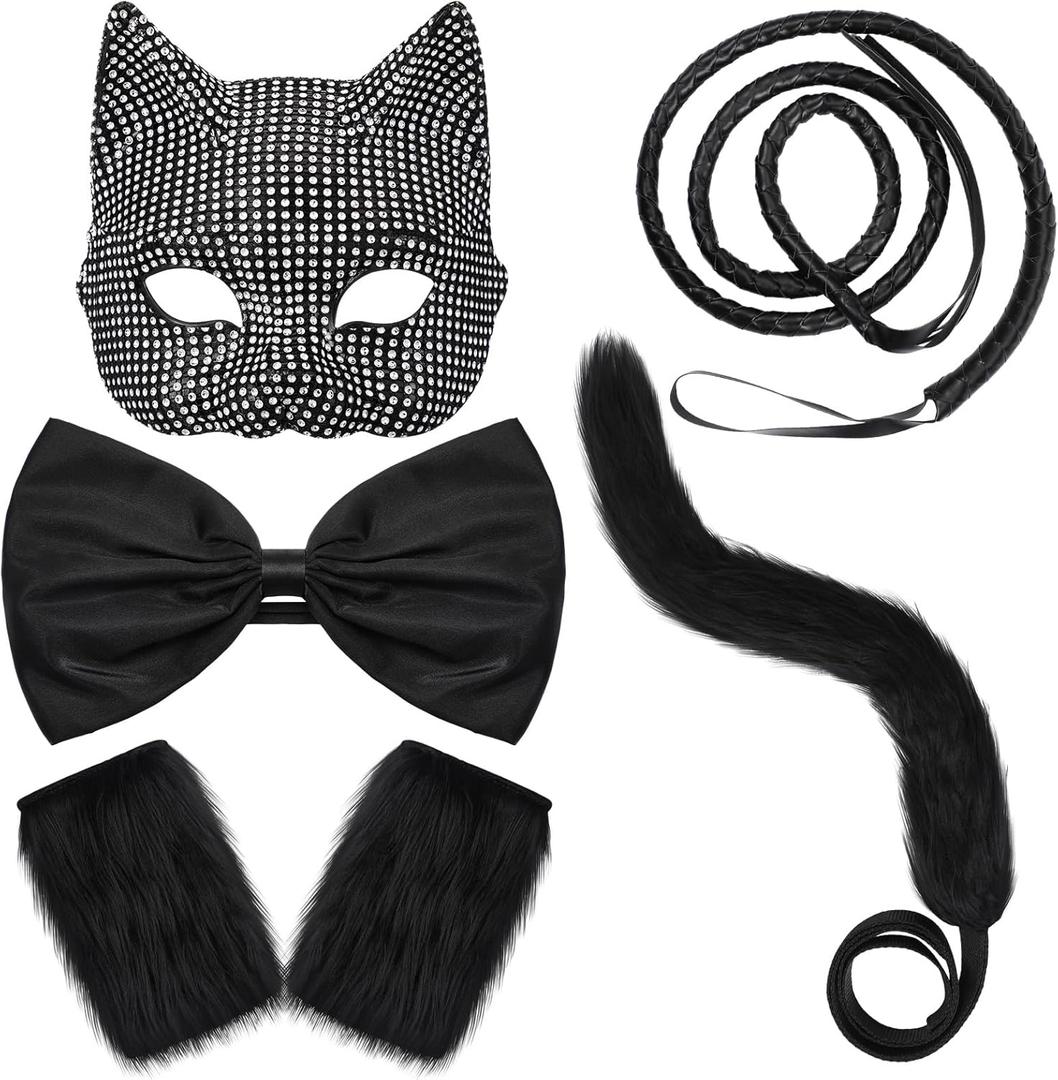 Newcotte 5 Pcs Halloween Cat Costume for Women Furry Mask Tail Bow Paw Gloves Whip Women Outfit for Fancy Dress Party (Black, Silver)