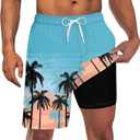 Goodstoworld Mens Swim Trunks with Compression Liner 9'' Inseam Quick Dry Swimsuit Shorts M-3XL (Large, Hawaiian Blue)