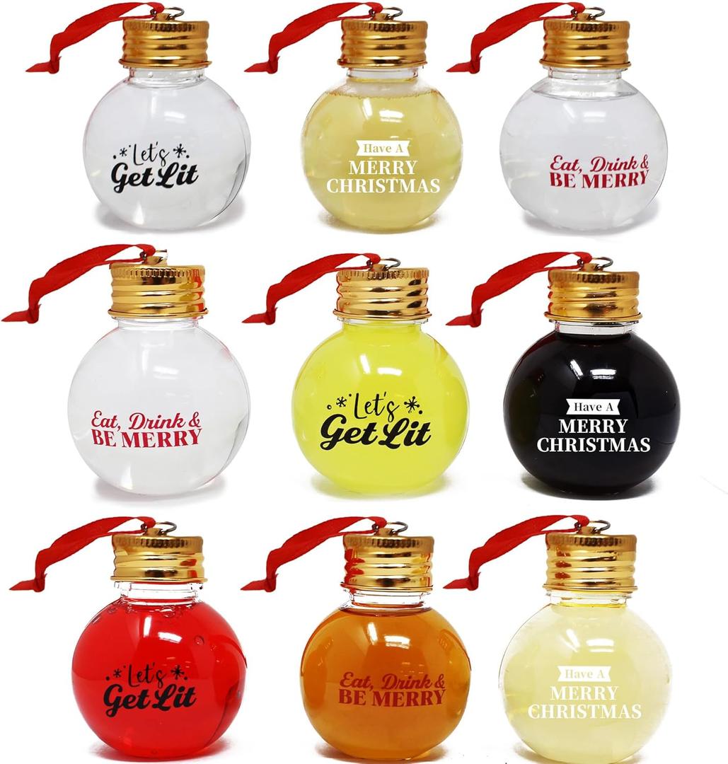 Joiedomi 9 Pcs Christmas Boozeball Ornaments Set, Xmas 1.7 oz Clear Fillable Ball, Tree Hanging Decorations for Christmas Holiday Indoor and Outdoor Decorations