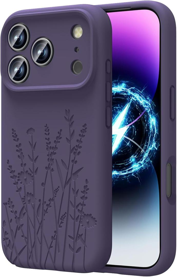 OAOA Magnetic Engraved Case Compatible with iPhone 17 Pro Case, Compatible with Magsafe, Camera All-Round Protection, Slim Liquid Silicone Phone Case for Women Girls, Purple Flower