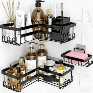 Corner Shower Caddy, 3 Pack Adhesive Shower Organizers, Rustproof Stainless Steel Shower Shelves with Soap Holder, No Drilling Bathroom Organizers and Storage Rack for Home Decor, Black