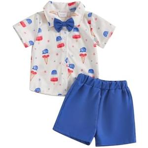 Baby Boy 4th of July Clothes Short Sleeve USA Flag/Popsicle Print Button Down Shirt Bermuda Shorts Kids Outfit 6-12 m
