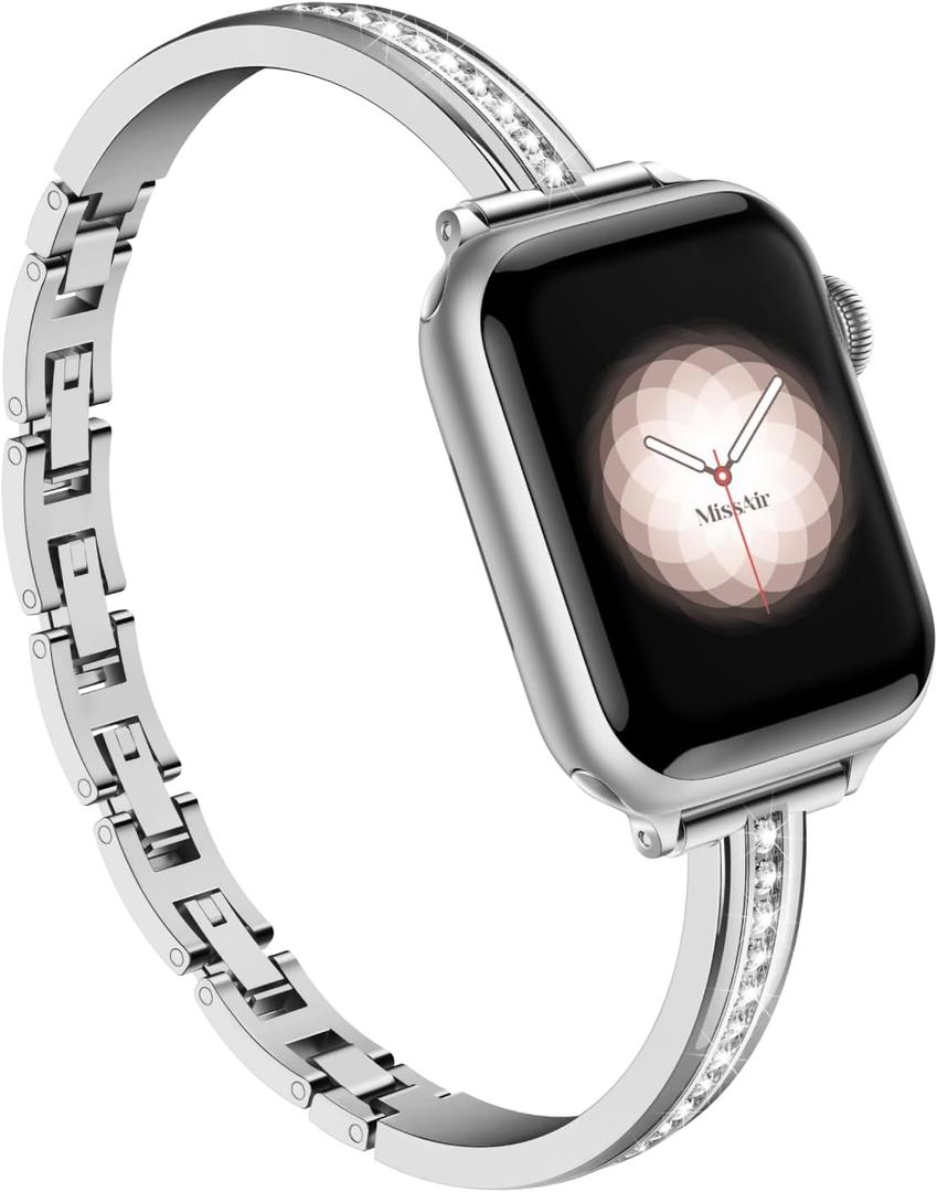 Missair Bands Compatible with Apple Watch Band 38mm 40mm 41mm 42mm 44mm 45mm 46mm 49mm for Women, Slim Metal Dressy Jewelry Bracelet with Bling Diamond for iWatch Series 10 9 8 7 6 5 4 3 SE Ultra (Silver)