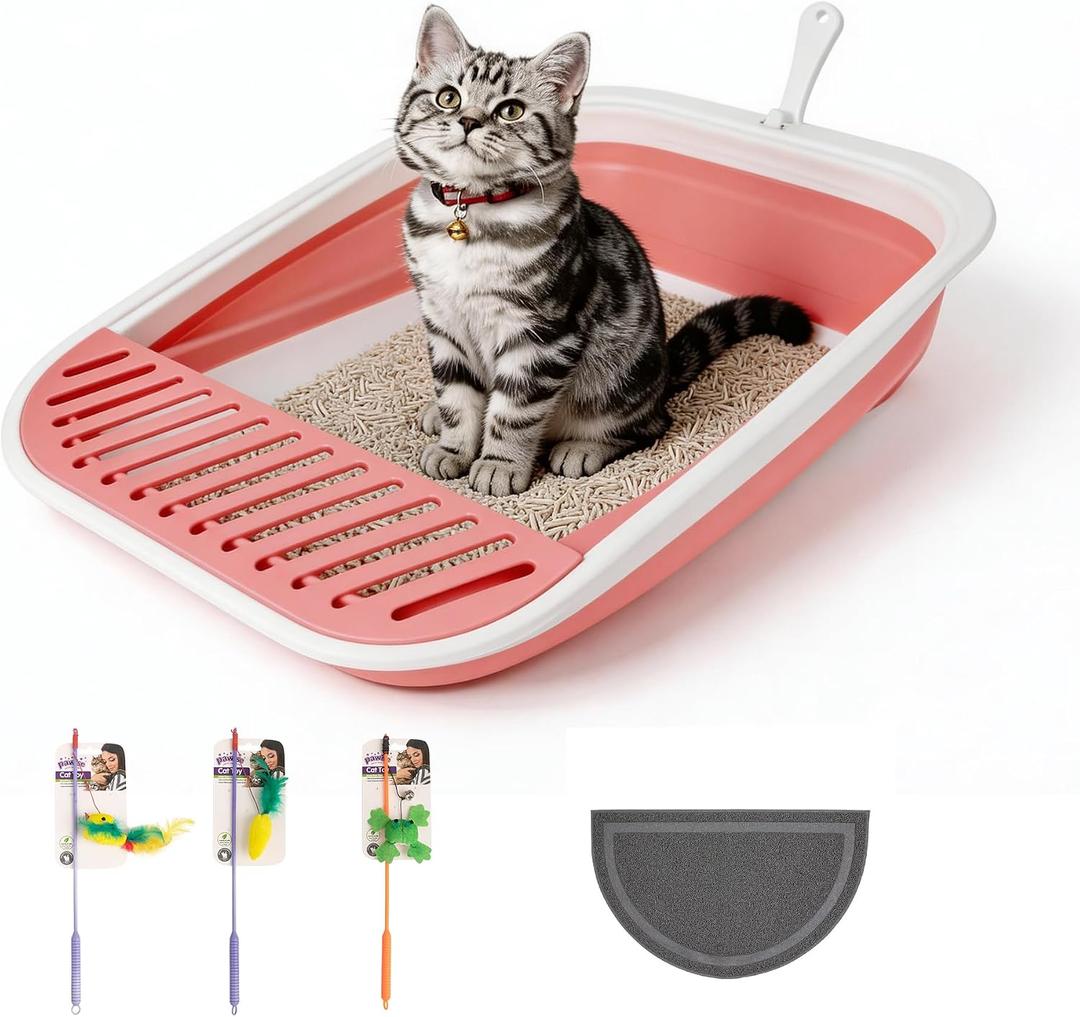 Pawise Foldable Cat Litter Box, Low Entry Collapsible Cat Litter Box with Scoop, Travel Pet Potty Pan & Anti-Splash Toilet for Kittens, Senior Cats & Disabled Cats (with Cat Teaser & Litter Mat，Pink)