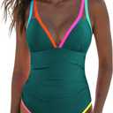 popvil Women's One Piece 2025 Tummy Control Swimsuits Neon Color Block Swimwear Deep V Neck Slimming Bathing Suit (Large, Dark Green)
