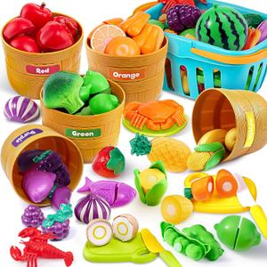 JOYIN Educational Toys Play Food Set for Toddlers, Cutting Food for Preschool Activities, Play Kitchen Accessories, Learning Toys, Color Sorting Set for Boys & Girls, Gifts for Christmas