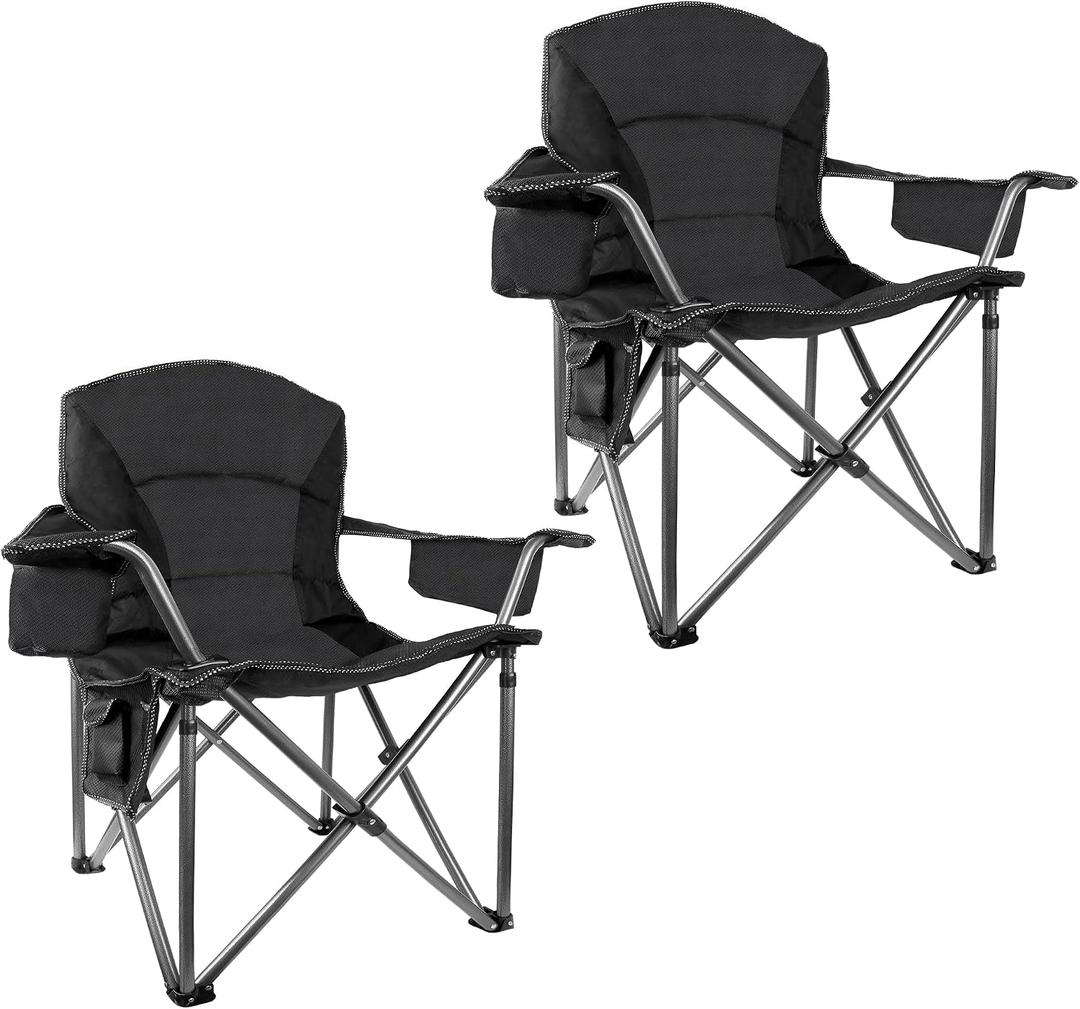 Heavy Duty Folding Camping Chair, 500LBS Capacity, Oversized Padded Outdoor Chair with Cooler Bag and Cup Holder, for Camping, Fishing, Beach (2, Black), 24.8 Inches X 24.8 Inches X 41.34 Inches