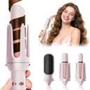 Automatic Curling Iron, Beach Wave Curling Wand, Portable Rotating Curler, Dual Voltage, Lightweight and Portable, Ceramic Coated, Straightening Brush, 1inch and 1.25 inch 3-in-1, Pink