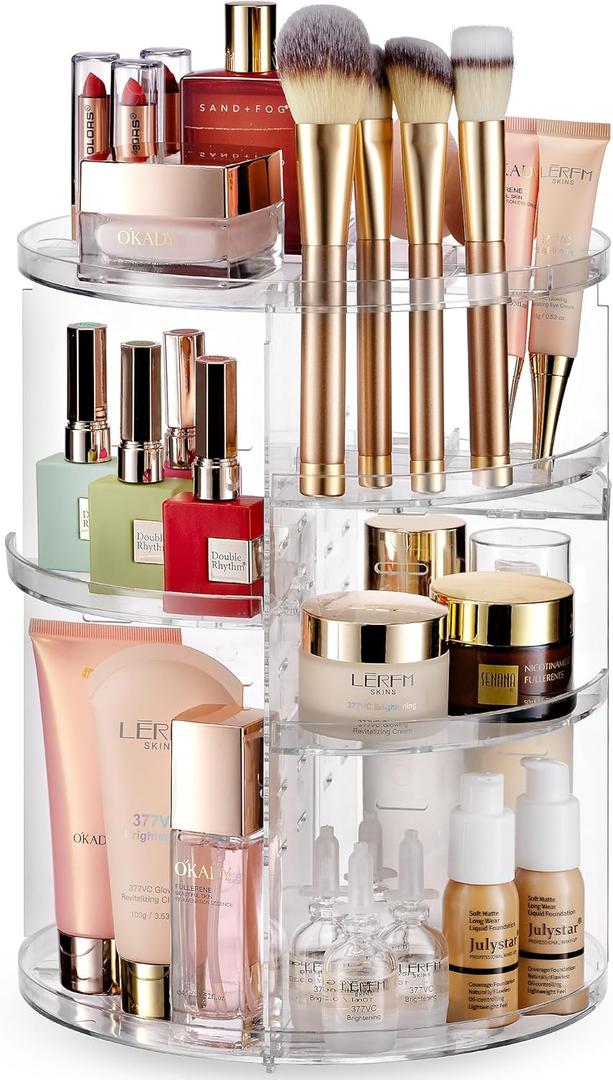 Masirs, Rotating Makeup Organizer - Adjustable Shelf Height and Fully Rotatable, The Perfect Round Spinning Cosmetic Organizer for Bedroom Dresser or Vanity Countertop Storage. (Clear)