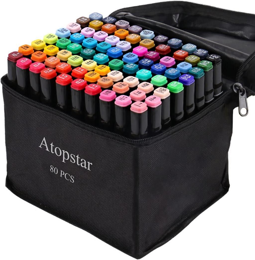 ATOPSTAR 80 Colors Alcohol Markers Artist Drawing Art for Kids Dual Tip Adult Coloring Painting Supplies Perfect Boys Girls Students Adult(80 Black Shell)