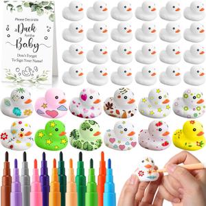Seenelling 45 Pcs Baby Shower Decorate Ducks Game Set Includes Baby Shower Game Sign 32 DIY White Blank Rubber Ducks 12 Paint Marker for Gender Revel(Leaves)