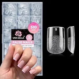 UNA GELLA Short Square Gel Nail Tips, 510Pcs Short Square Press on Nails 15 Sizes Half Matte Fake Acrylic Full Cover Nail Tips Clear No C Curve False Nails for Nail Extensions DIY Home Salon for Women