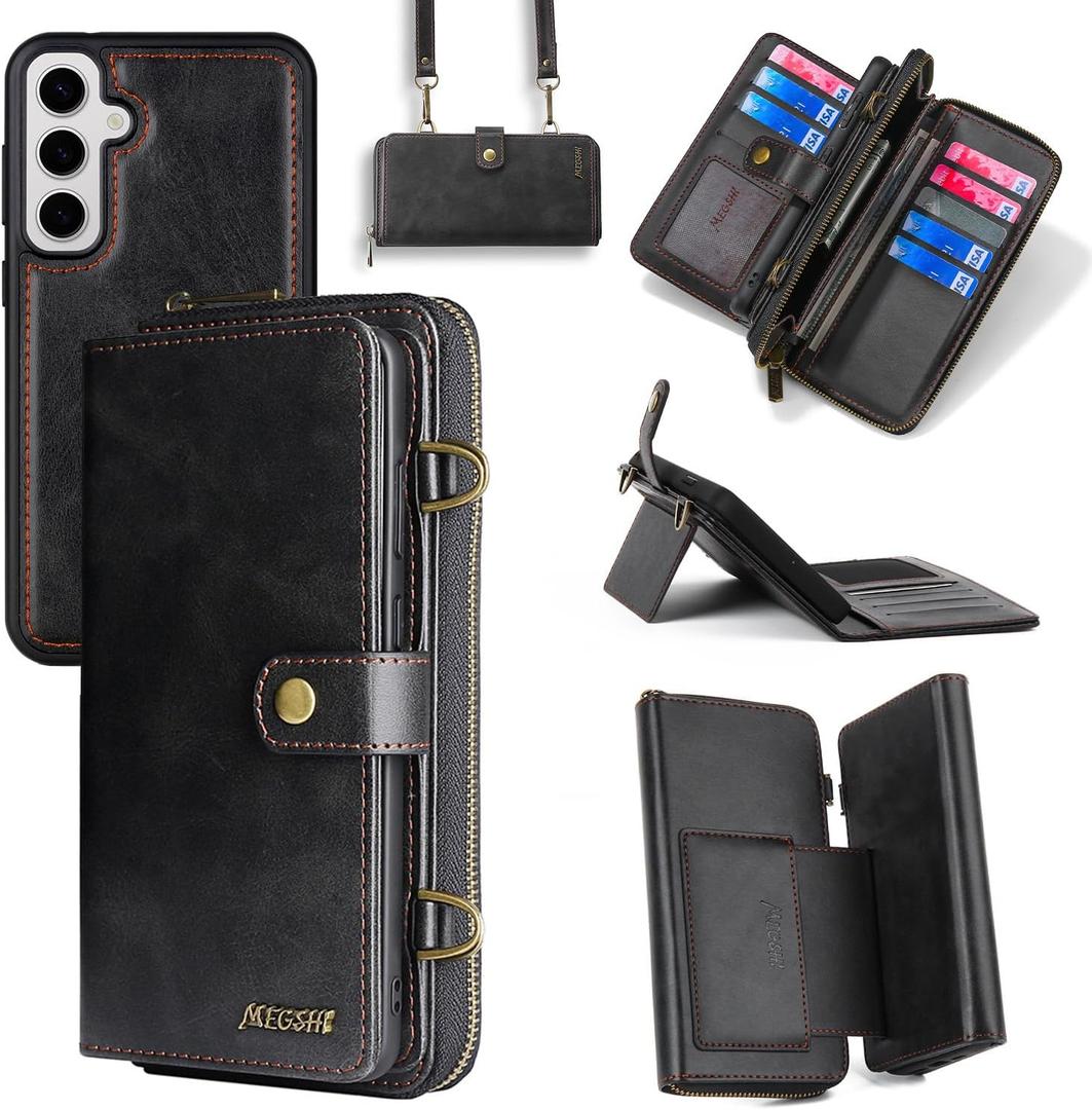 Compatible with Samsung Galaxy S24 5G Wallet Case Crossbody Shoulder Strap Stand Leather Card Holder Multi-Function 2in 1 Detachable Magnetic Cell Phone Cover for S 24 24S GS24 G5 Black