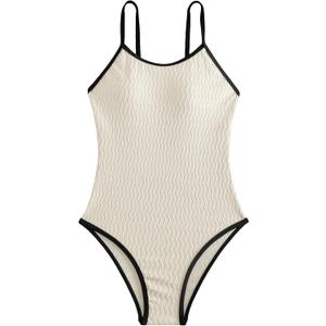 Floerns Women's One Piece Swimsuit Contrast Binding Tummy Control Monokini Swimwear Beige XLarge