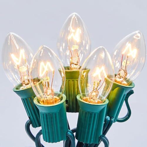 100FT C7 Christmas String Lights Outdoor UL Listed Vintage Christmas Lights Hanging for Christmas Tree Garden Patio Backyard Cafe Party Room Xmas Decoration, Green Wire, 100 Bulbs, Not Connectable