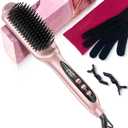 LANDOT Ionic Hair Straightener Brush Ceramic Straightening Brush with 12 Heat Settings (250-450F) for Smooth & Shiny Results, Ideal for Medium & Long Women Hair, Dual Voltage, Rose Gold