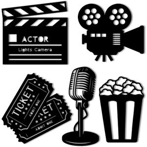 5 Pieces Media Room Decor Wooden Movie Reel Home Theater Decor Cinema Wall Art Movie Reel Theater Action Popcorn Ticket Sign Movie Night Theme Party Decorations for Home Bedroom Office Studio