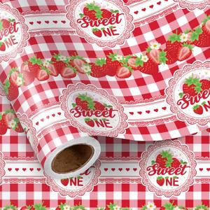 LeZakaa Sweet One Strawberry Wrapping Paper Roll,Red Gingham Strawberry Gift Wrap for Valentines, Baby Girl 1st Birthday, Baby Shower, Party Decor, Mini Roll 17 in x 16.4 Ft