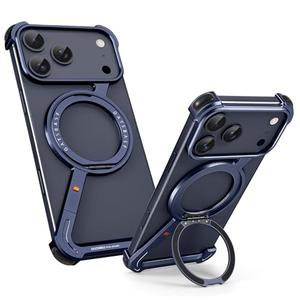 OATSBASF Minimalist Phone Case for iPhone 17 Pro Max Case, 360° Rotation Kickstand Aluminum Metal Frameless Design Bumper Z Case, Protective Shock Grade Shell, Blue