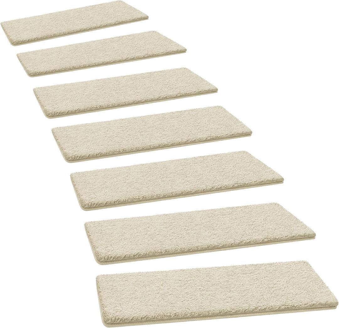 PURE ERA Carpet Stair Treads Ultra Plush 8" X 30" Soft Indoor Stair Protectors Pet-Friendly Non-Slip Skid Resistant Tape Free Washable Reusable(14 Pieces, Beige)