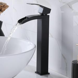 VCCUCINE Vessel Sink Faucet Black, Single Handle Single Hole Waterfall Rv Bathroom Faucet, Tall Lavatory Vanity Sink Faucets with Pop Up Drain and Two 3/8" Hoses,DSTVC014P-N