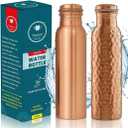 100% Pure Copper Water Bottle 34 oz (1 Liter) Plain & Hammered Copper Bottle Leak Proof Handcrafted Drinking Bottle Ayurvedic Benefits for Home Gym Office Travel Set of 2