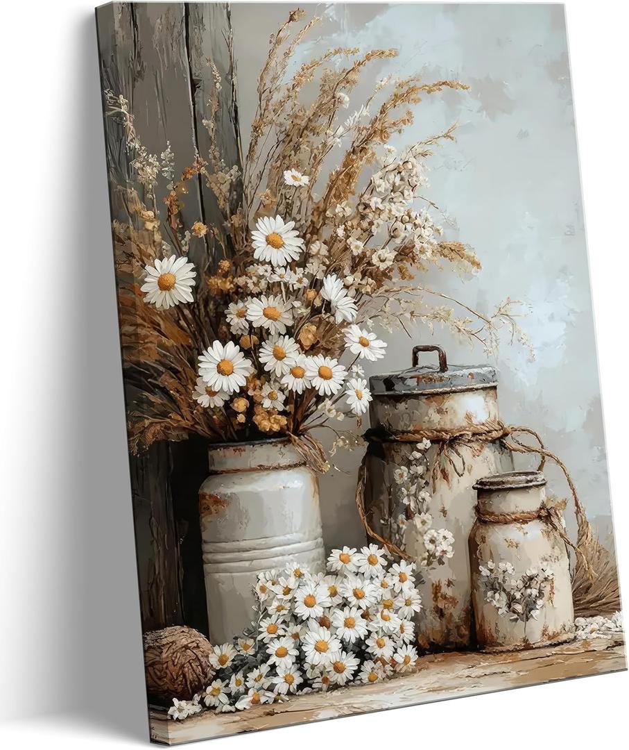 MUJ Rustic Farmhouse Daisy Floral Canvas Wall Art Vintage Country Floral Wall Decor Flower Still Life Botanical Rust Color Watering Can Prints Artwork for Living Room Bedroom Bathroom Home Decoration, 24"L x 16"W