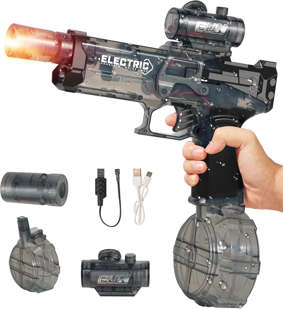 Flame Light Fully Automatic Water Gun, 28-32 FT Range Powerful Classic Water Squirt, Electric Water Guns for Adult Kid,High Capacity 500+ Water Blaster, Summer Outdoor Swimming Pool Water Toy(Black)