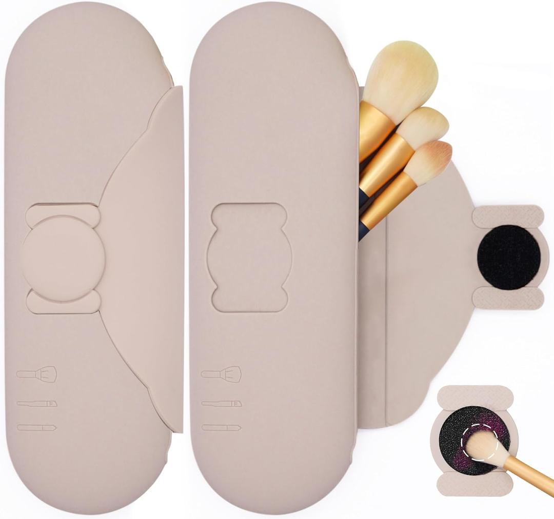 Silicone Makeup Brush Holder with Cleaning Pad - Travel Brush Organizer Case, Magnetic Closure Waterproof Cosmetic Bag for Easy Storage & On-the-Go Cleaning (9.05 Inch) (Khaki) Silicone Makeup Brush Holder with Cleaning Pad - Travel Brush Organizer Case, Magnetic Closure Waterproof Cosmetic Bag for Easy Storage & On-the-Go Cleaning (9.05 Inch) (Khaki)