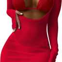 Lilosy Sexy Crochet Sheer Long Sleeve Cover Up Swim Bathing Suit Beach Dress One Piece (Smocked Red), XS