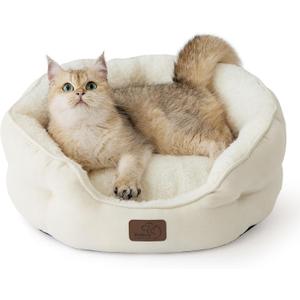 Bedsure Dog Beds for Small Dogs - Round Cat Beds for Indoor Cats, Washable Pet Bed for Puppy and Kitten with Slip-Resistant Bottom, 20 Inche, White (Angelic Ivory)