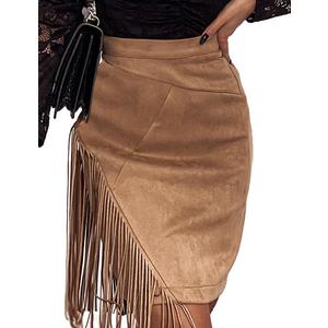 IDEALSANXUN Fringe Suede Skirt for Women High Waisted Fall Winter Tassel Short Mini Skirt 2025 (Medium, Khaki)