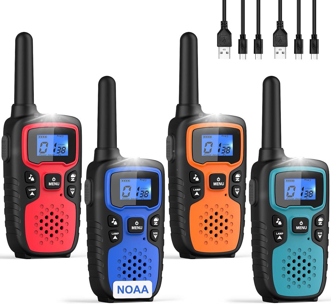 Wishouse Walkie Talkies for Adults Long Range-Rechargeable 4 Pack 2 Way Radios, Hiking Accessories Camping Gear Xmas Birthday Gift for Kids Family with Lamp,SOS Siren,NOAA Weather Alert,Easy to Use Red Green Blue Orange