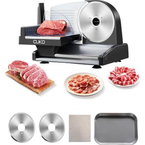 CUKO Meat Slicer,200W Electric Deli Meat Slicer, 2 Removable 7.5'' Stainless Steel Blades & Tray, 0-15mm Adjustable Thickness, Easy to Clean, for Meat, Cheese, Bread, Fruits and Vegetables