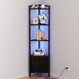 Furnulem Corner Shelf,5-Tier Corner Cabinet with Storage and LED Light, 62.8 Standing Display Bookshelf for Bedroom, Living Room, Kitchen, Wood Display Shelf (Black Oak)