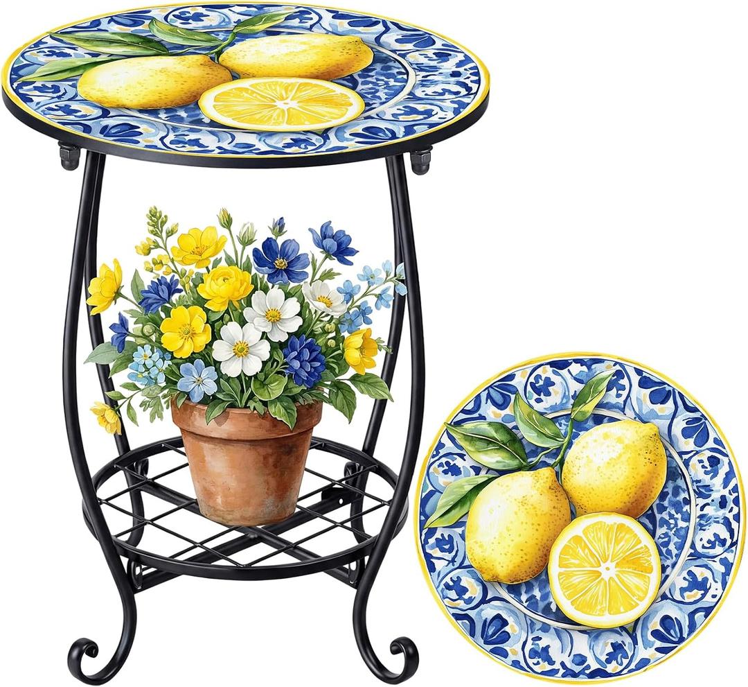 Cinnvoice Outdoor Side Table Round Small Mosaic Patio Accent Indoor End Plant Coffee Tea Table for Yard Patio Porch Garden Living Room, Bedroom(Lemon Style,14 Inch)
