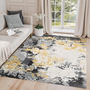 4'x6' Black Gold Area Rug for Living Room, Large Grey Gold Throw Rug, Black and Gold Carpet for Girls Boys Bedroom, Modern Black Abstract Rug for Home Decor