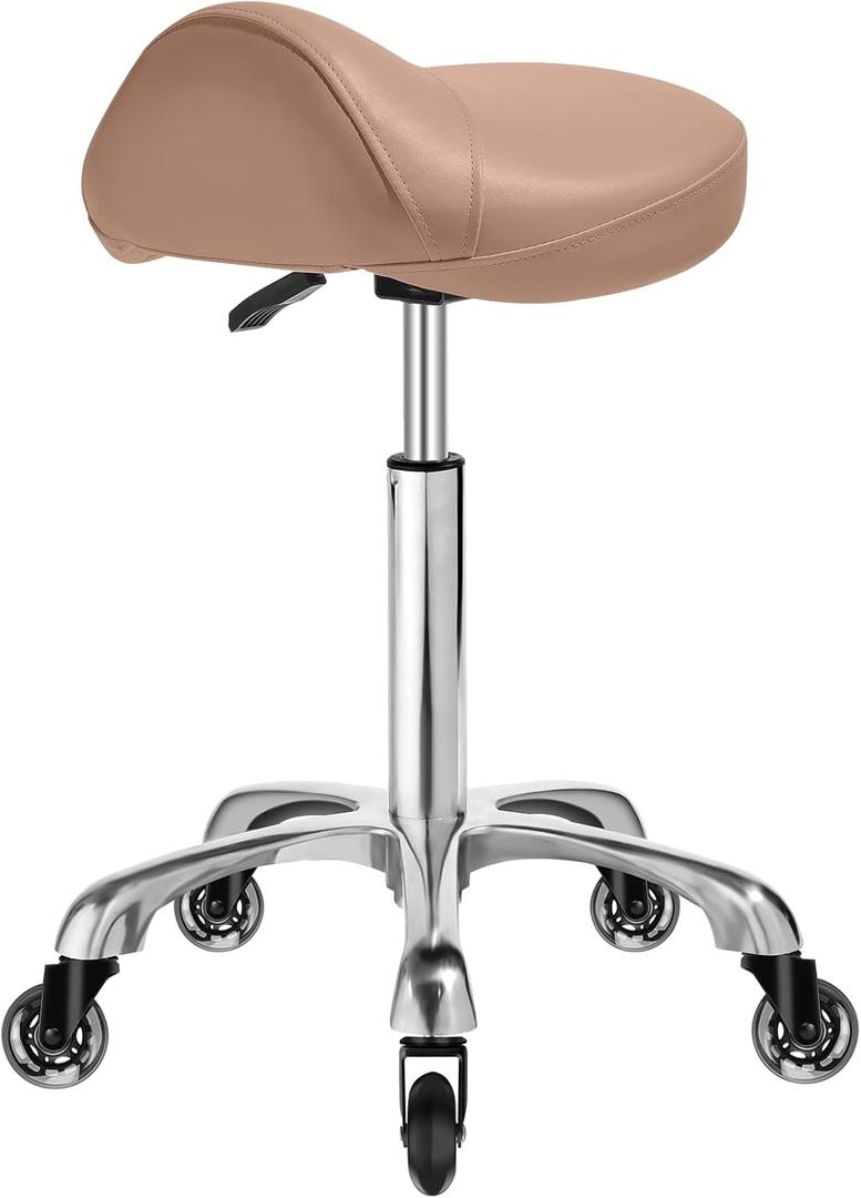 Saddle Stool Chair with Wheels, Ergonomic Thicker Saddle Seat Design for Healthy Sitting Posture, PU Leather, Rolling Saddle Stool with Silent Rubber Wheels Adjustable for Salon Massage Home, Brown