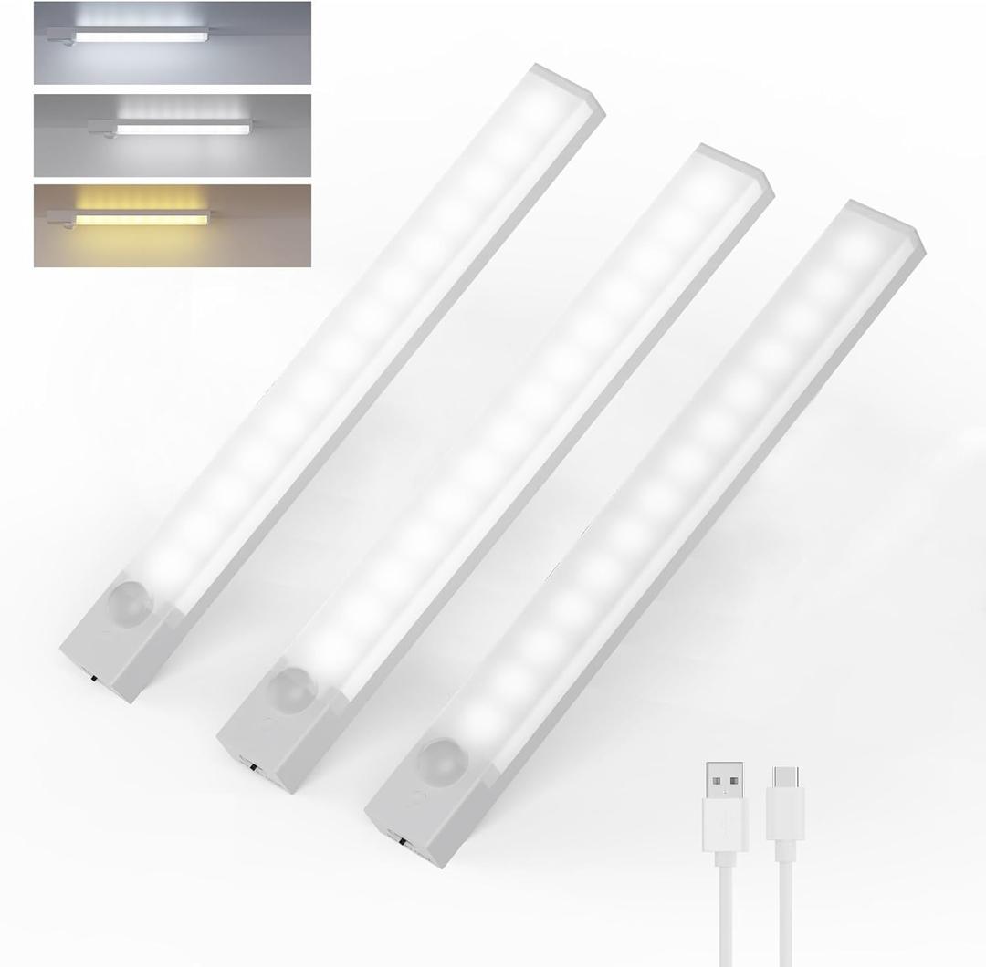 3-Pack Under Cabinet Lighting 8-Inch Rechargeable Motion Sensor Light Indoor 3 Color Dimmable Closet Light, USB Stick on LED Magnetic Under Counter Lights for Kitchen Stair