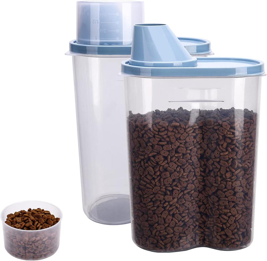 GreenJoy 2 Pack 2lb/2.5L Pet Food Storage Container with Measuring Cup, Can Covers and Bowl for Small Dog, Cat, Waterproof-BPA Free (Blue)