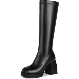 DOBOYG Knee High Boots Women Platform Chunky Block Heel Stretchy Square Toe Tall Patent Leather Long Boots (7)