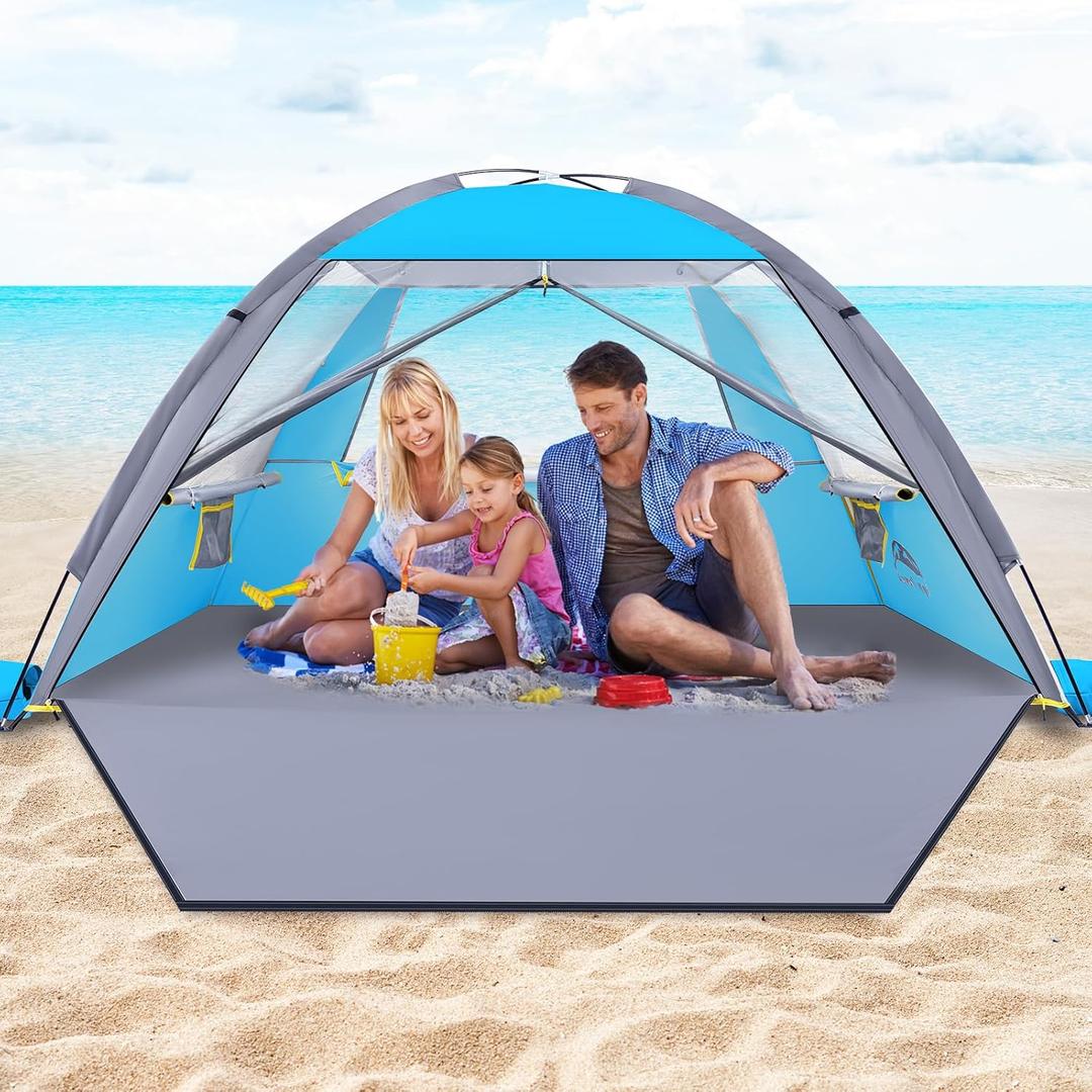 Happy Travel Beach Tent, UPF 50+ UV Protection Sun Shade Shelter for 3/4/5/6/7/8 Person, Portable Beach Canopy for Family & Baby, Lightweight & Easy Setup Beach Cabana with 3 Ventilation Mesh Windows (Sky Blue)
