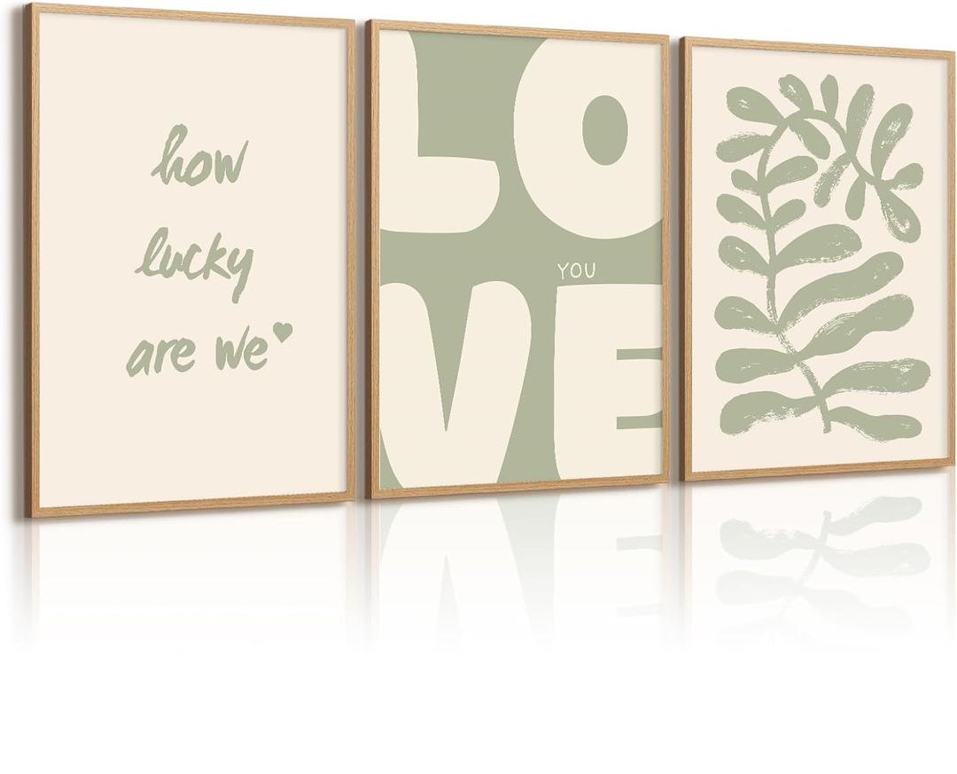 Ylmekx Sage Green Botanical Wall Art Boho Minimalist Canvas Wall Decor Modern Love Pictures Abstract Poster Neutral Prints Sage Green Artwork 12x16 Inch Unframed for Living Room Bedroom Set of 3