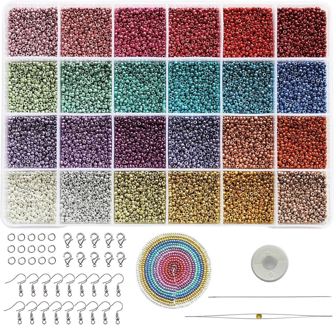 Bala&Fillic Size 2mm 12/0 Opaque Bright Color Seed Beads Kit, 24 Colors Total 14400 pcs in Box Craft Seed Beads with Beading Tools for Making Earrings (600pcs/Color,24 Colors)